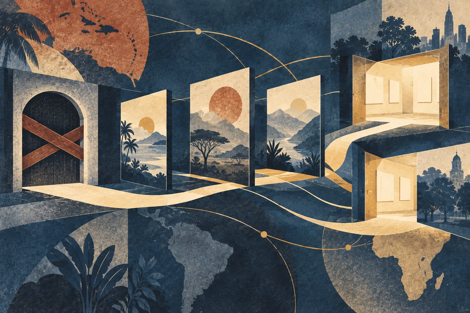 Abstract editorial graphic of an interrupted gallery route continuing through several open rooms