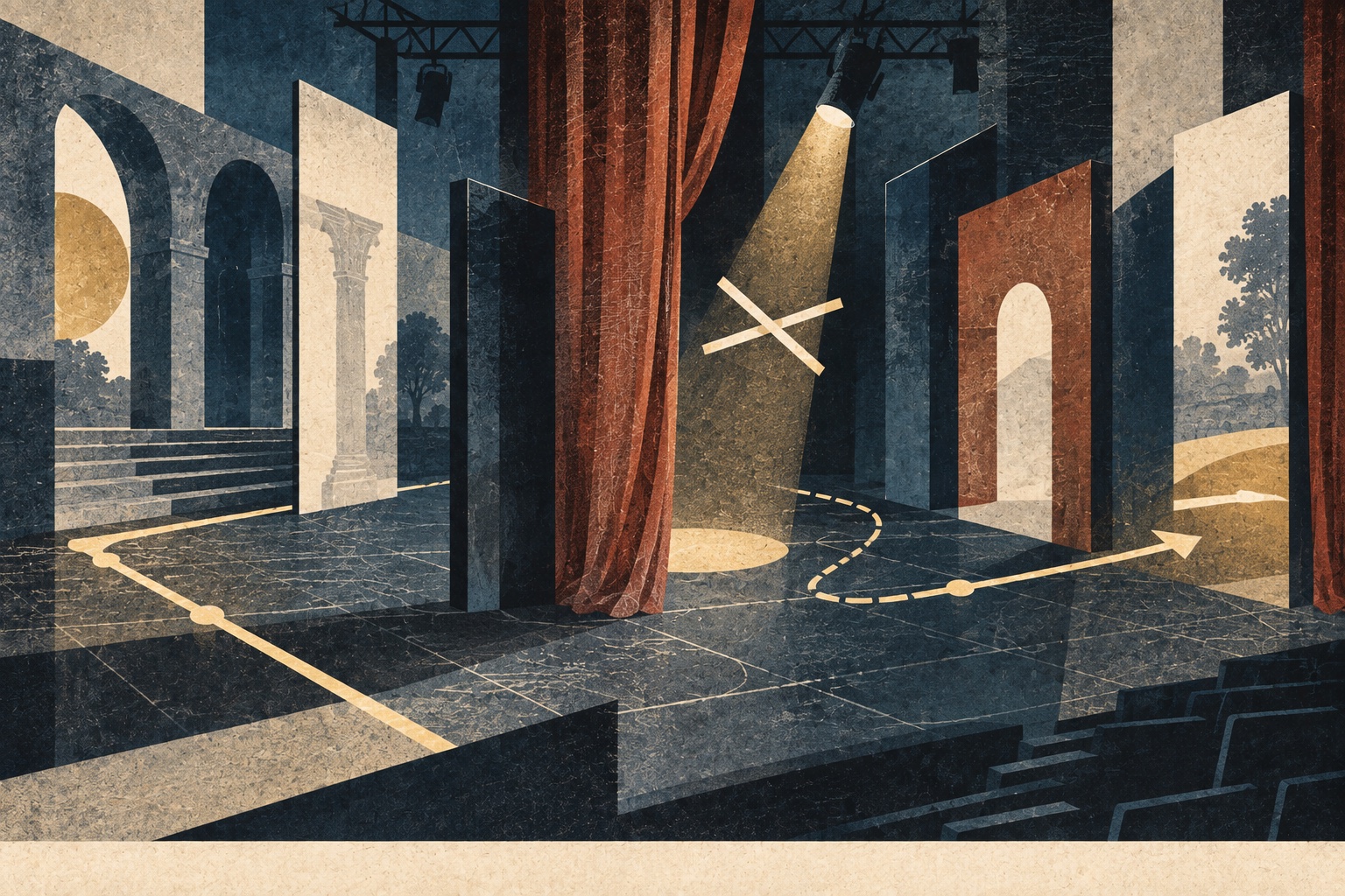Abstract editorial graphic of a theatre route bending around an interrupted spotlight