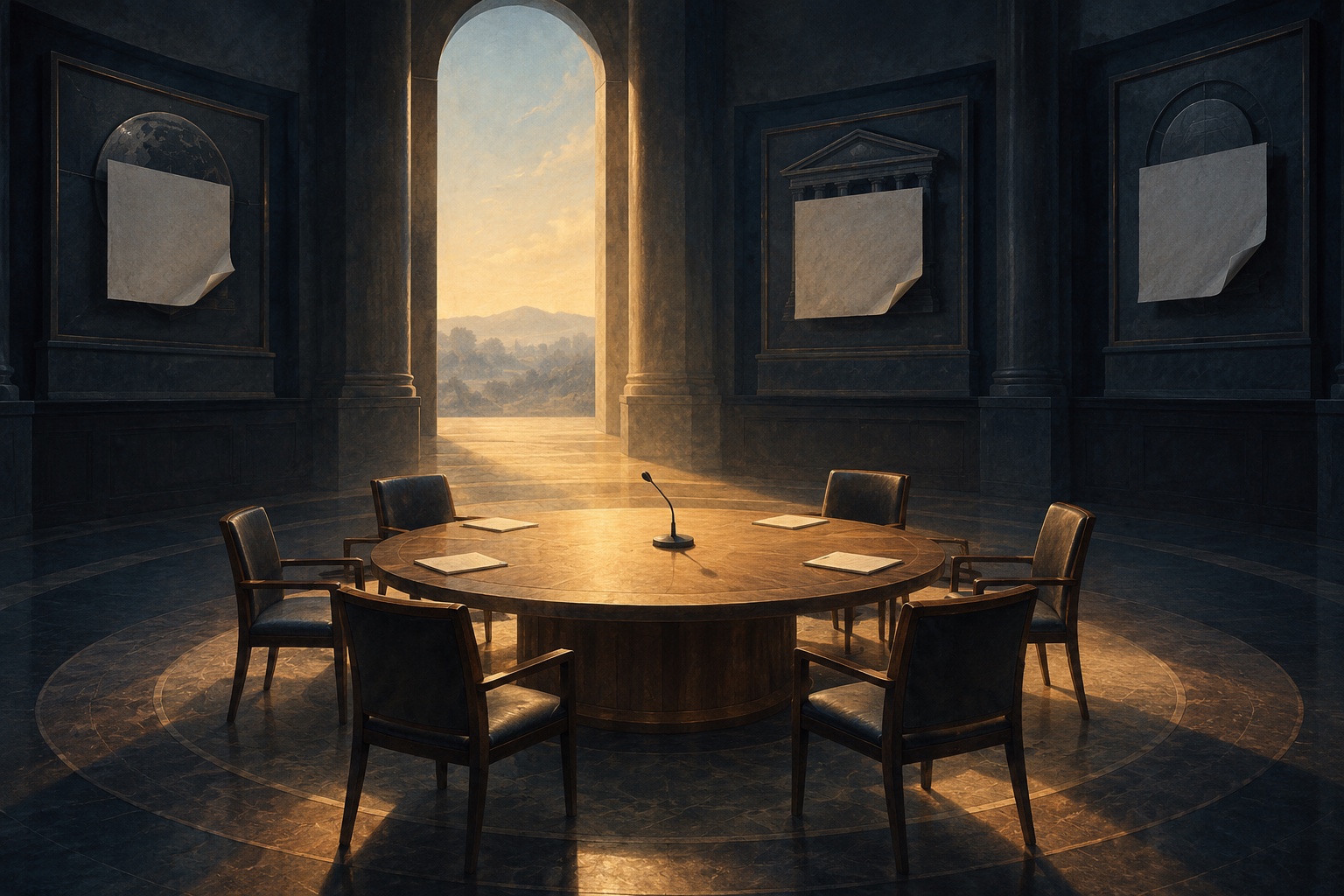 Abstract editorial graphic of an illuminated discussion table surrounded by empty chairs and receding covered institutional panels