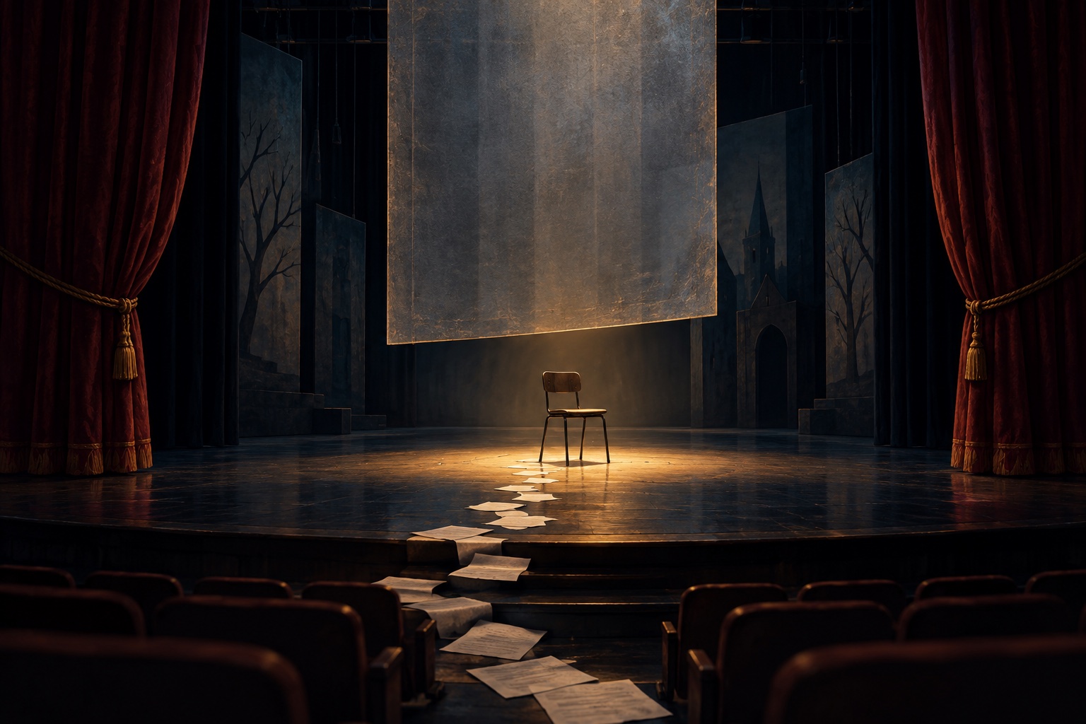 Abstract editorial graphic of an empty theatre stage where a path of audition papers reaches a chair beneath a descending panel