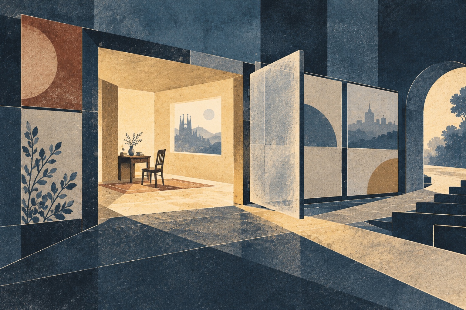 Abstract editorial graphic of a warmly lit room with a reopened route toward it