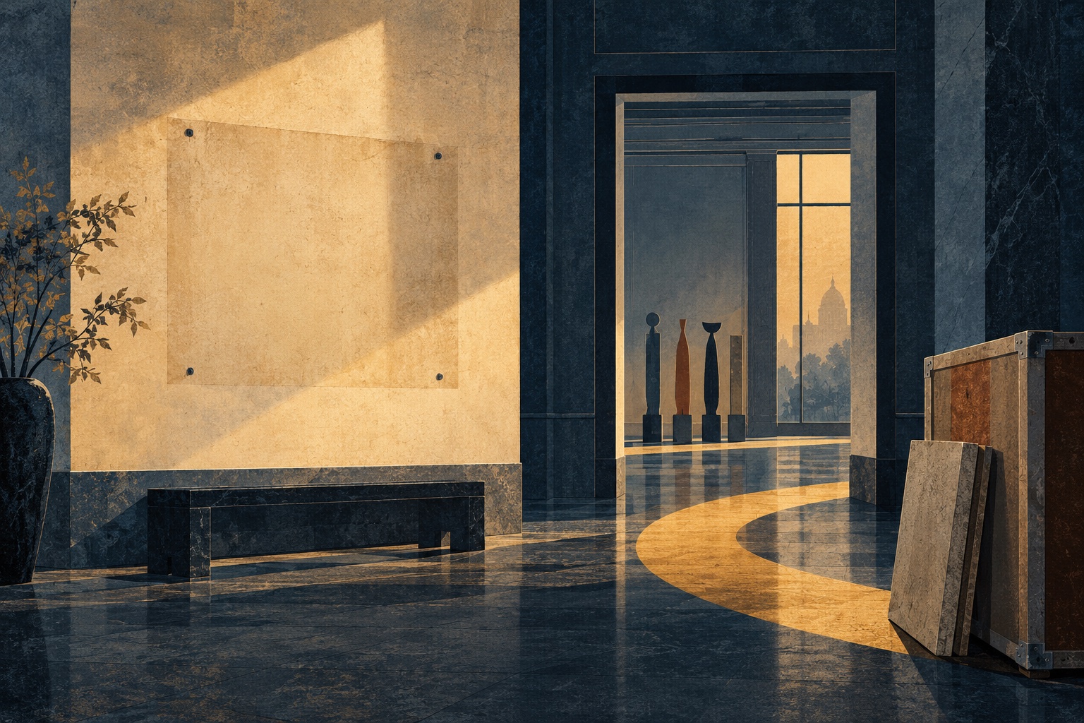 Abstract editorial graphic of an empty illuminated wall with a path leading toward an archival crate